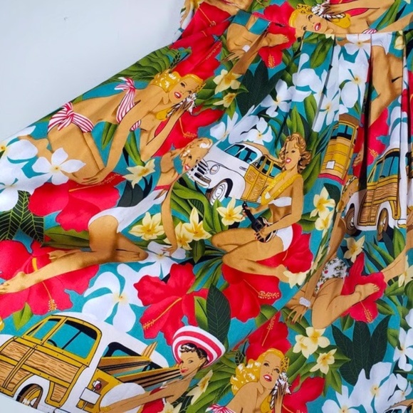 Hawaiian Pinup Full a-line skirt tropical retro print vacation button side color - Picture 3 of 4